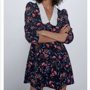 Zara Floral Mini Tea Dress w/ Embroidered Collar